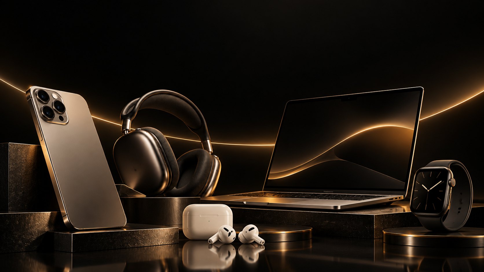 iPhone, headphones, laptop, AirPods and smartwatch
